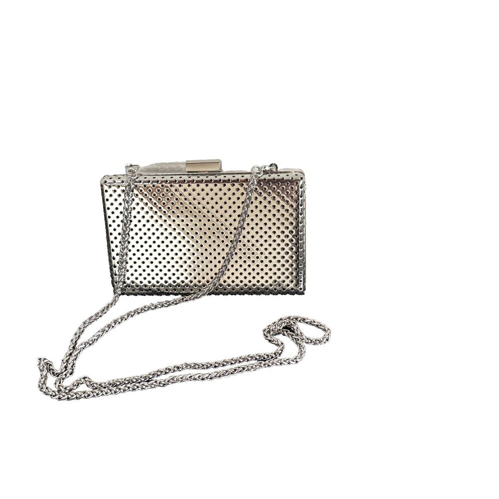 Karen Millen Silver Perforated Metal Clutch Bag Crossbody Chain Box Evening